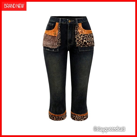 Women's Leopard Faux Fur Skinny Jeans Low Rise Capris Denim Pants